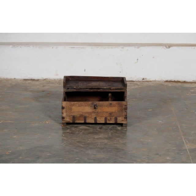 Antique Indian Carved Teakwood Iron Strapped Small Chest For Sale - Image 4 of 4