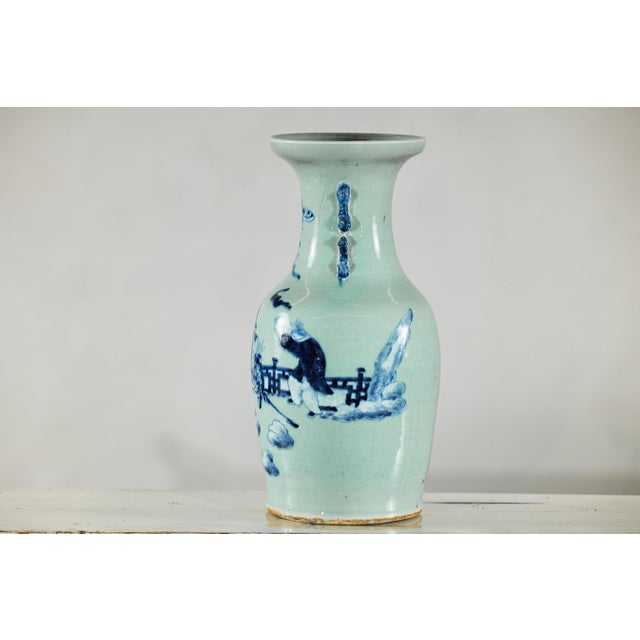 Chinese Blue and White Porcelain Altar Vase With Immortal Figures and Celadon Tint For Sale - Image 10 of 18