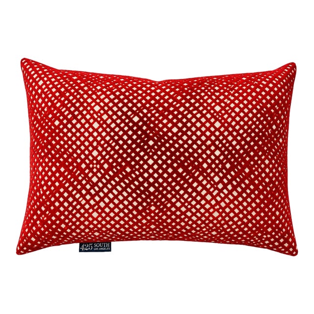 Red Geometric Cut Velvet Lumbar Pillow With Down Insert For Sale