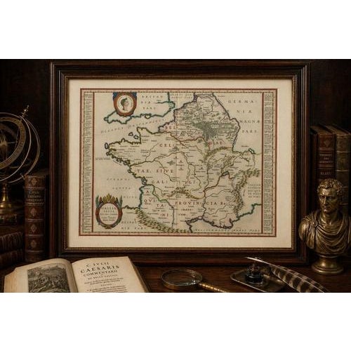 Caesar’s Gallia Antiqua – Blaeu Map of Ancient France, c.1642 : A superb and highly decorative 17th-century map of ancient...