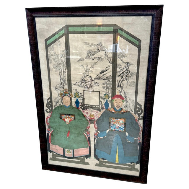 Gray Large Qing-Dynasty Double Ancestral Portrait China, late 19th C. Guangxu Period For Sale - Image 8 of 18