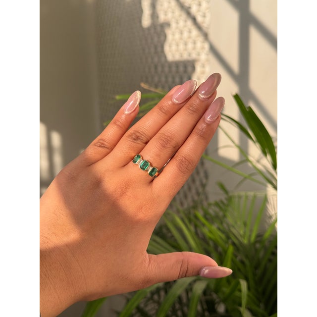 Natural Zambian Emerald Three Stone Ring With Diamond Accents in 14k Gold Size 4 For Sale In New York - Image 6 of 15