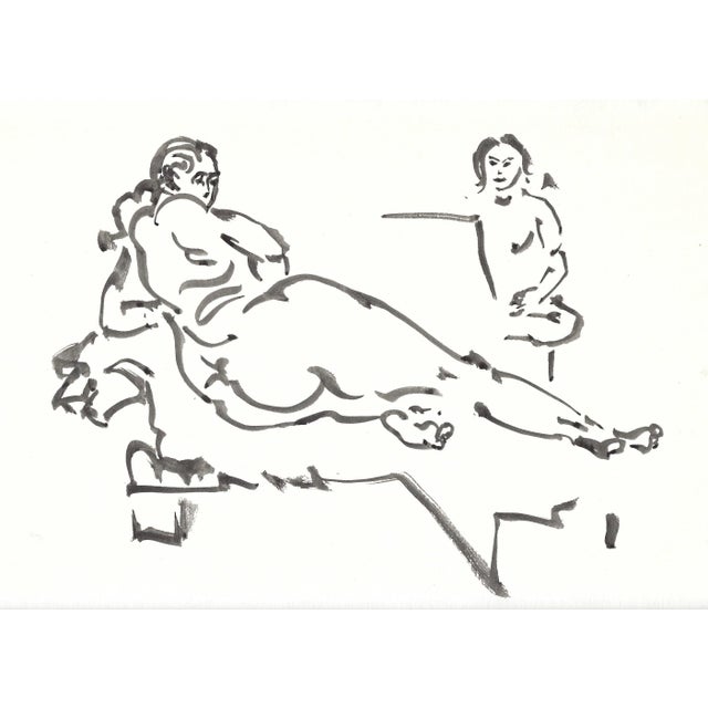 A 1946, ink on paper drawing of a reclining nude in a sketch class by artist Harold Haydon. Artwork size: 9" x 12". Matted...