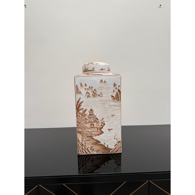 Ceramic Square Porcelain Ginger Jar in Sepia Tones For Sale - Image 7 of 11