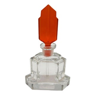 1930s Art Deco Karl Palda Style Geometric Crystal Perfume Bottle W/ Coral Red Stopper For Sale