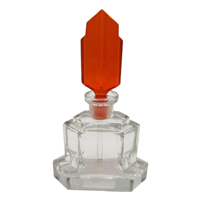 1930s Art Deco Karl Palda Style Geometric Crystal Perfume Bottle W/ Coral Red Stopper For Sale
