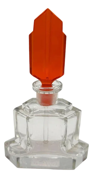 1930s Art Deco Karl Palda Style Geometric Crystal Perfume Bottle W/ Coral Red Stopper
