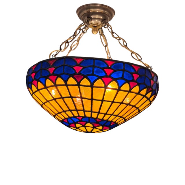 Metal Vintage Colorful French Stained Glass Bowl/ Pendant Light Fixture For Sale - Image 7 of 18