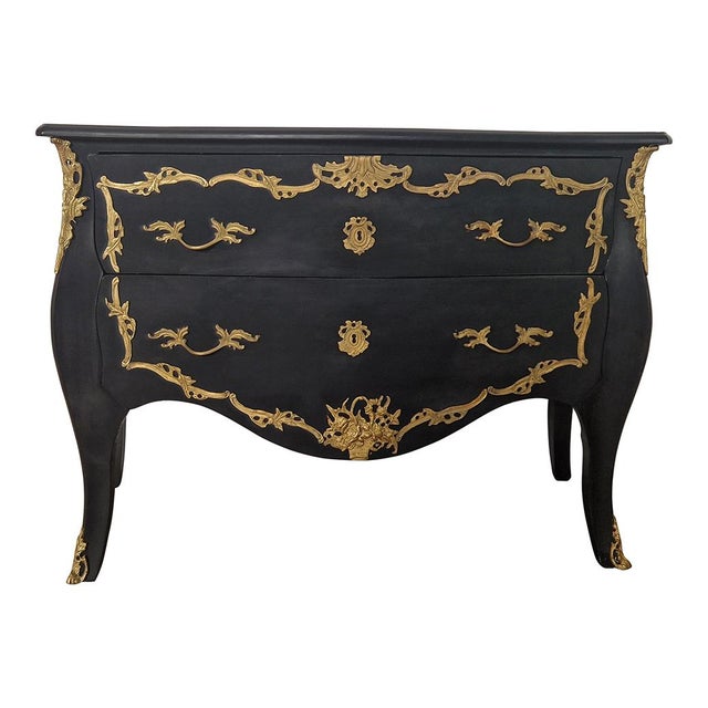 Baroque dresser with wavy front and sides, equipped with 2 drawers, made of black lacquered wood decorated with floral...