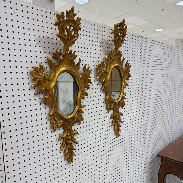 Pair Vintage Mid Century Italian Florentine Gold Gilt Wall Mirrors Sconce Style For Sale - Image 4 of 12