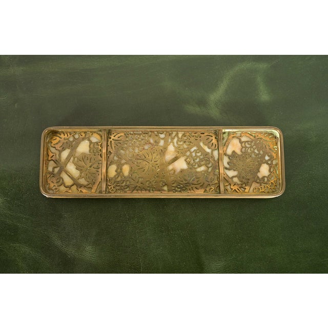 Tiffany Studios New York Grapevine Bronze Doré and Favrile Slag Glass Pen Tray For Sale - Image 10 of 10