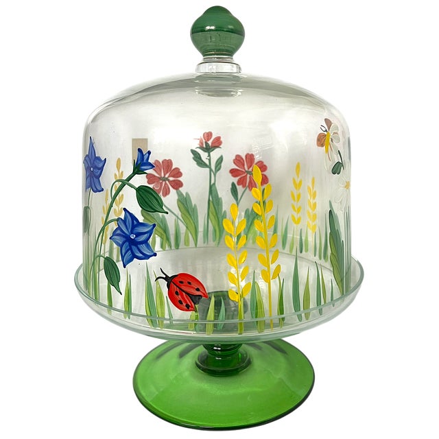 Bunny Williams Home Royal Danube Crystal Glass Cake or Dessert Stand With Cloche Lid Decorated With Flowers and Butterflies in Romanian Floral Meadow For Sale - Image 4 of 6