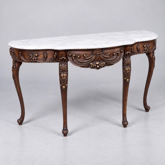 Wood Italian French Louis XV Style Carved Mahogany & Marble Top Demilune Console Tables - Pair For Sale - Image 7 of 8