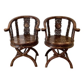 Circa 1890-1900 Hand Carved and Inlaid Asian Arm Chairs Depicting a Village - A Pair For Sale