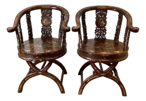 Circa 1890-1900 Hand Carved and Inlaid Asian Arm Chairs Depicting a Village - A Pair