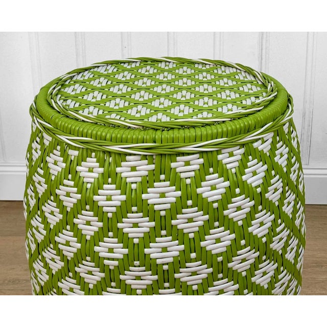 Vintage Boho Avocado Green & White Argyle Faux Wicker Garden Stool For Sale - Image 4 of 8