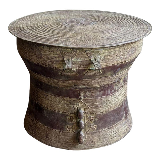 Monumental Cast Bronze Rain Drum Side Table Sculptural Patinated Finish For Sale