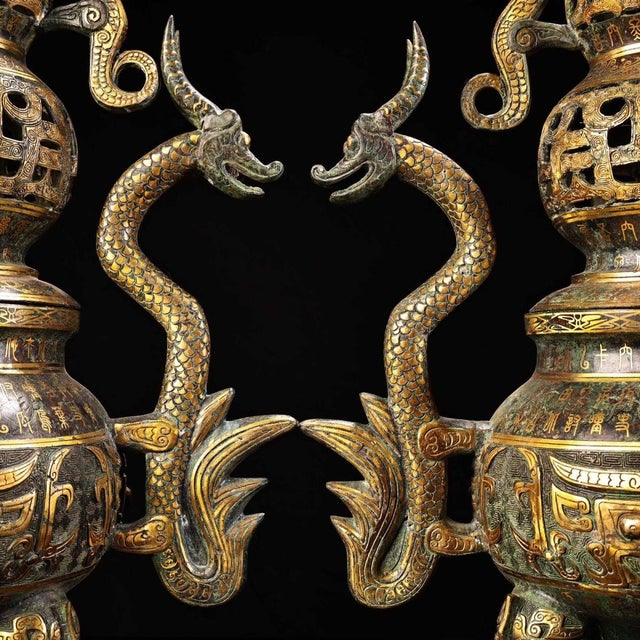 Monumental Pair of Chinese Gilt Bronze Double-Gourd Censers With Dragon Handles For Sale In Los Angeles - Image 6 of 10