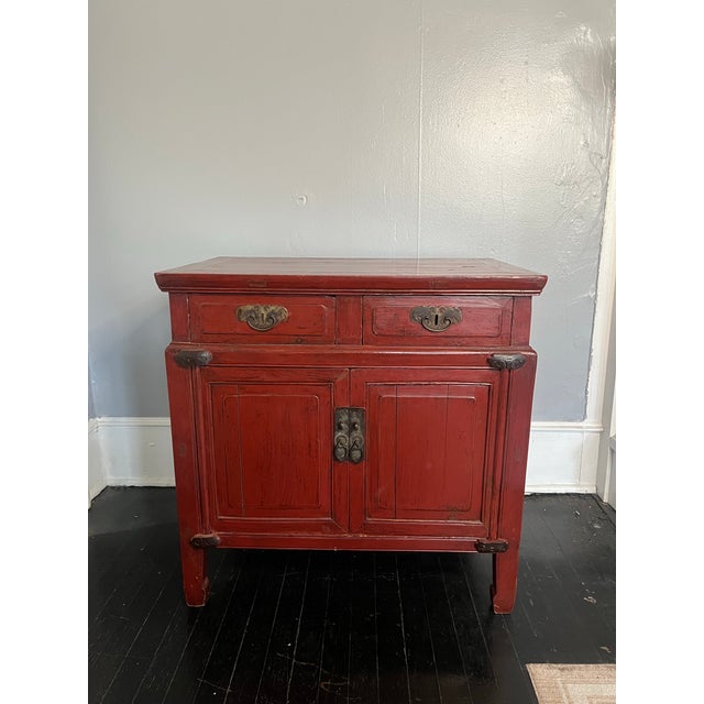 Chinoiserie Late Qing Red Lacquer Elmwood Accent Cabinet - Northern China For Sale - Image 3 of 11