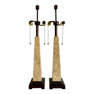 Vintage Hollywood Regency Coquina Stone Obelisk Lamps – A Pair For Sale