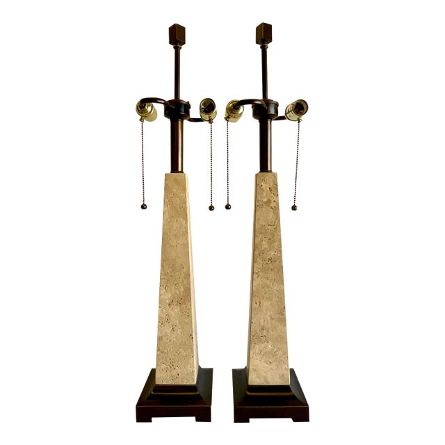 Vintage Hollywood Regency Coquina Stone Obelisk Lamps – A Pair For Sale