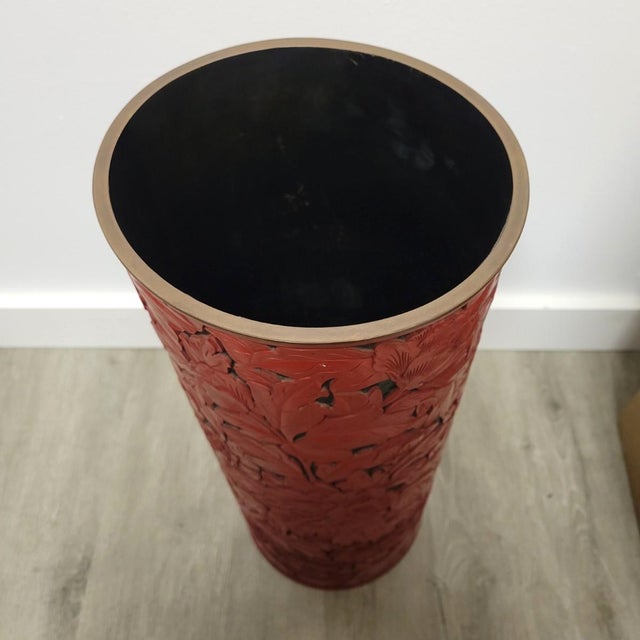 Carved Red Cinnabar-Style Lacquer Floor Vase or Umbrella Stand, Beijing Factory For Sale - Image 12 of 16
