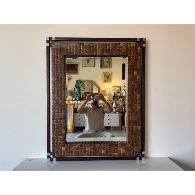 Mid-Century Modern Vintage Coastal Organic Coconut Shell & Wood Wall Mirror With Metal Accents For Sale - Image 3 of 12