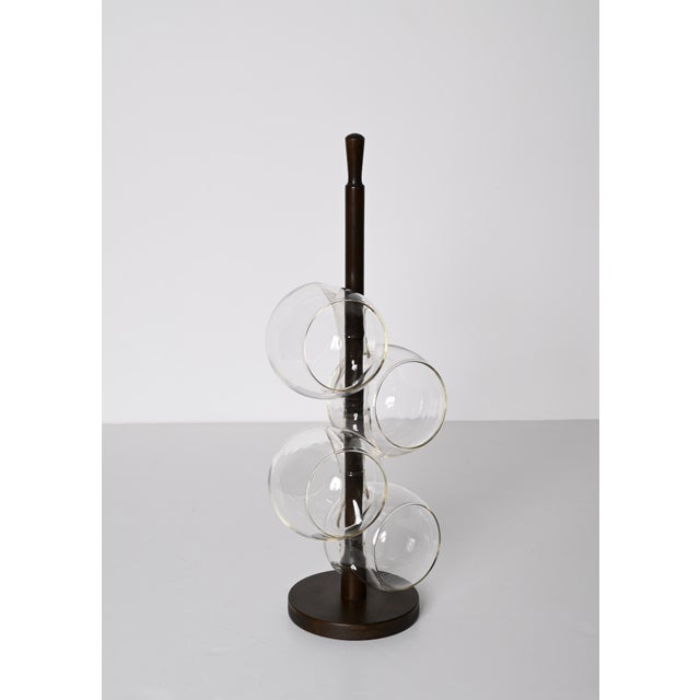 Mid-Century Italian Blown Drinking Glasses and Walnut Wood Holder, 1970s, Set of 5 For Sale - Image 6 of 18