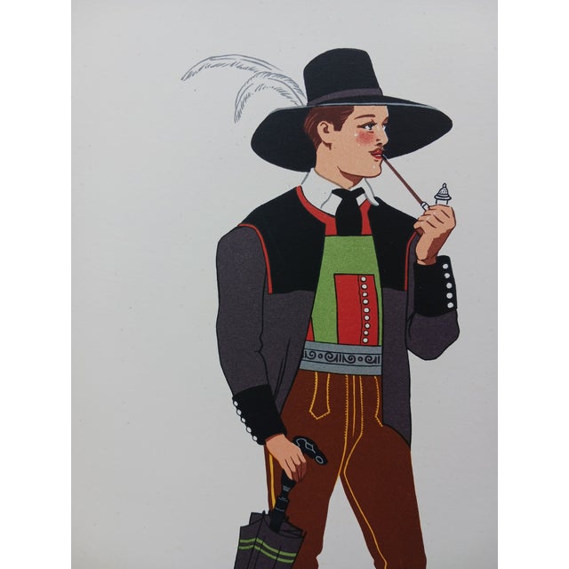 1930s Vintage Austrian Male Folk Costumes Chromolithographs Porchoir Prints Collectible 1939 - Set of 3 For Sale - Image 5 of 7