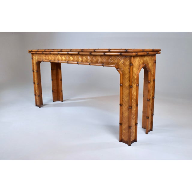 1970's vintage basket weave rattan console table with solid wood bamboo styling showcasing absolutely gorgeous variations...