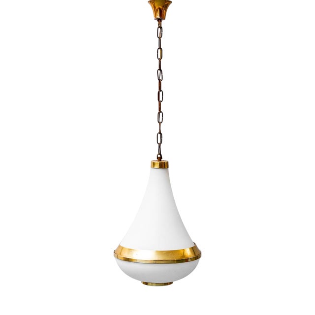Opaline Glass and Brass Chandelier, 1950s For Sale