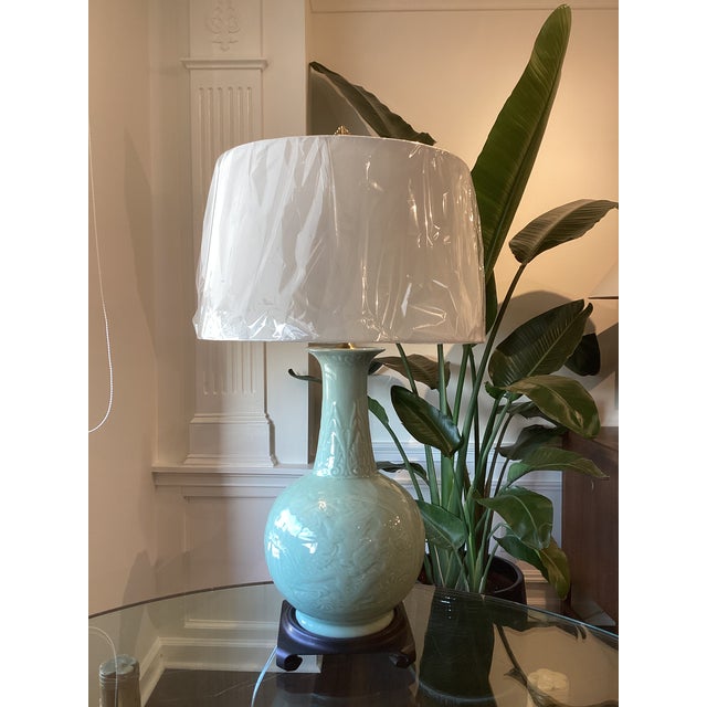 Chinoiserie Late 20th Century Celadon Embossed Dragon Porcelain Table Lamp, Newly Rewired With Custom Linen Drum Shade For Sale - Image 3 of 7