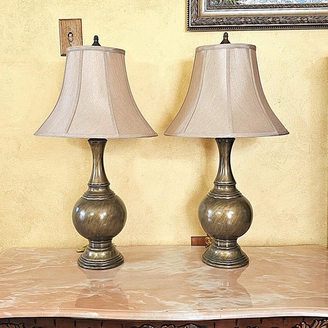 Traditional Vintage Bronze Urn Table Lamps With Neutral Shades, Classic Traditional Lighting, 32” Tall - a Pair For Sale - Image 3 of 18