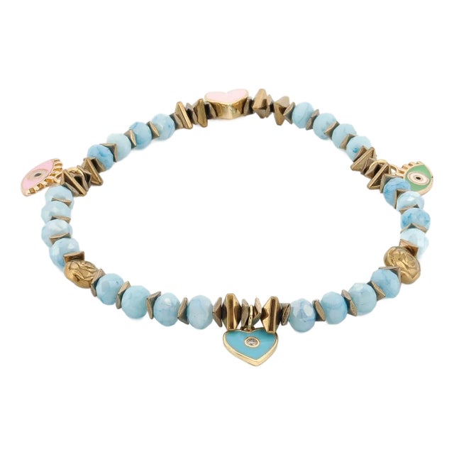 Protective Evil Eye Heart Charm Blue Crystal Beaded Anklet For Sale