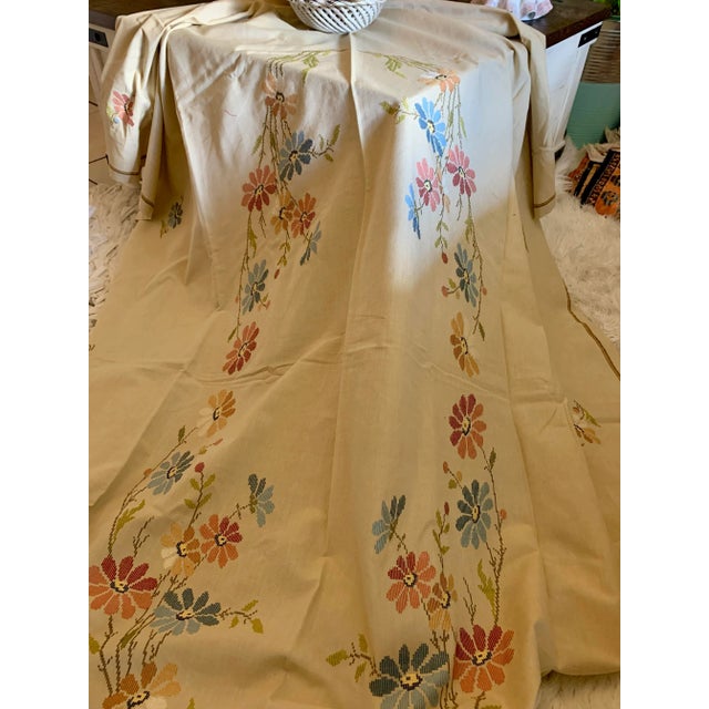 Vintage Cretan Hand Embroidered Cross Stitch Floral Tablecloth Tan- Ecru Autumnal Linen For Sale - Image 11 of 12