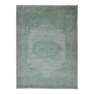 Modern Oushak Rug With Floral Medallion Design in Various Shades of Green 6'7" X 9'2" For Sale