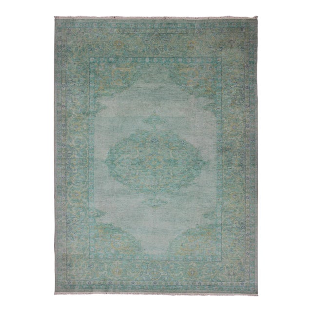 Modern Oushak Rug With Floral Medallion Design in Various Shades of Green 6'7" X 9'2" For Sale