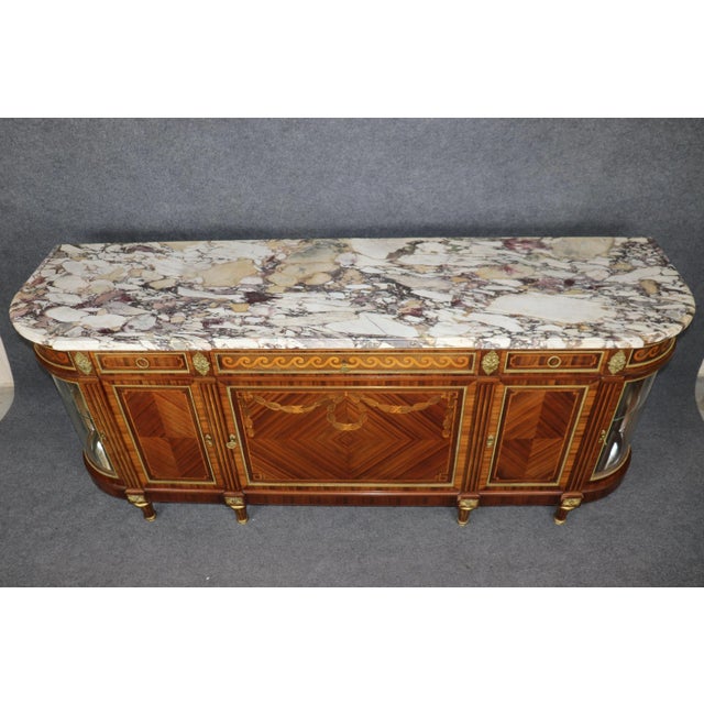 Monumental Satinwood Inlaid Kingwood Marble Top Sideboard Signed Maison Krieger For Sale - Image 9 of 12