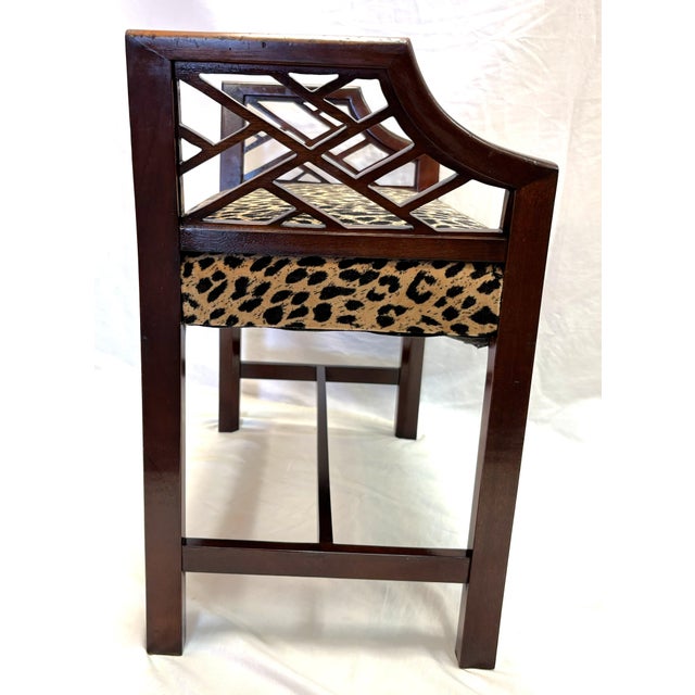 Vintage Fretwork Curved Arm Vanity Stool/ Bench With New Leopard Upholstery For Sale - Image 15 of 18