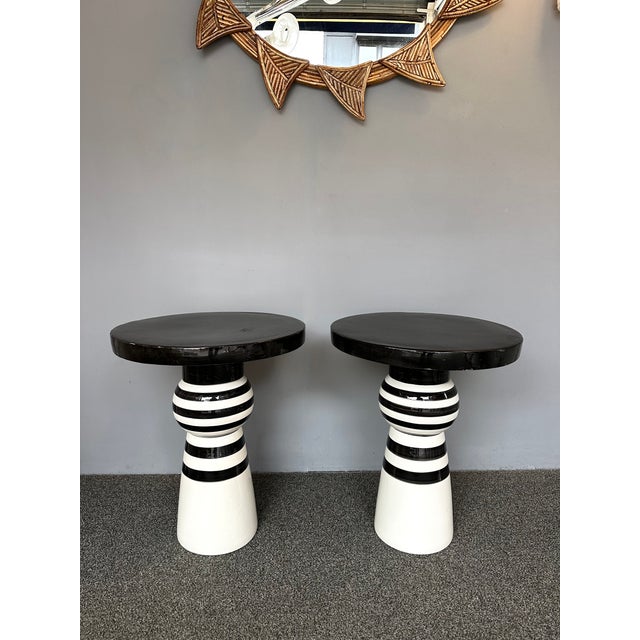 Contemporary Pair of Black and White Ceramic Stripe Side Tables. Italy For Sale - Image 4 of 12