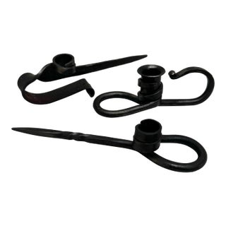 Vintage Brutalist Hand-Forged Iron Candle Taper Holders, Set of Three For Sale