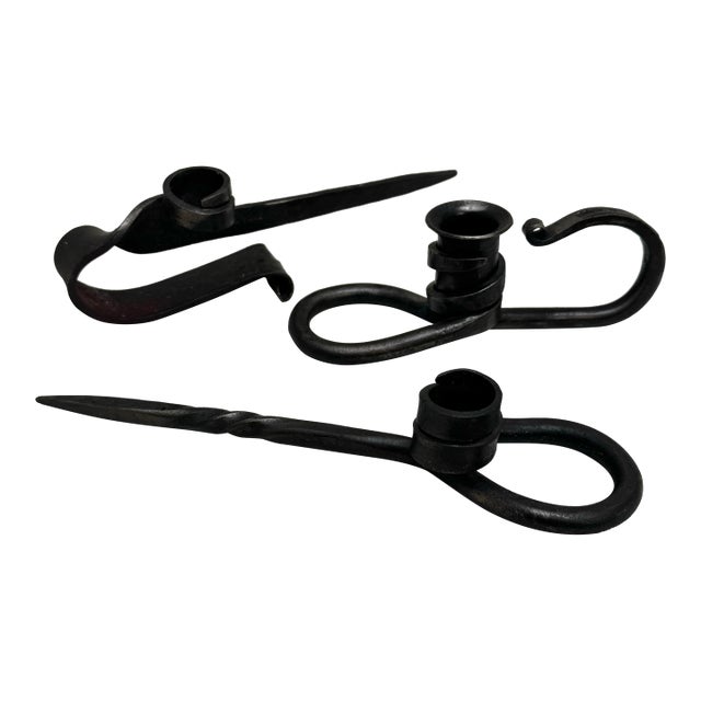 Vintage Brutalist Hand-Forged Iron Candle Taper Holders, Set of Three For Sale
