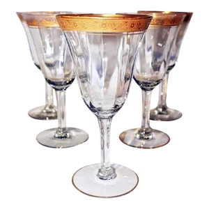 1920-1930s American Gilt Rim and Crystal Wine Stems- Set of 5