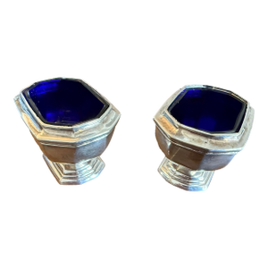 1930s Pair of Large English Sterling Silver Salt Cellars Cobalt Liners Birmingham 1932-3