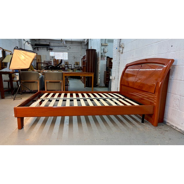 1990s Beautiful Modern Lacquered Cherry Platform Bed With Storage Headboard For Sale - Image 13 of 15