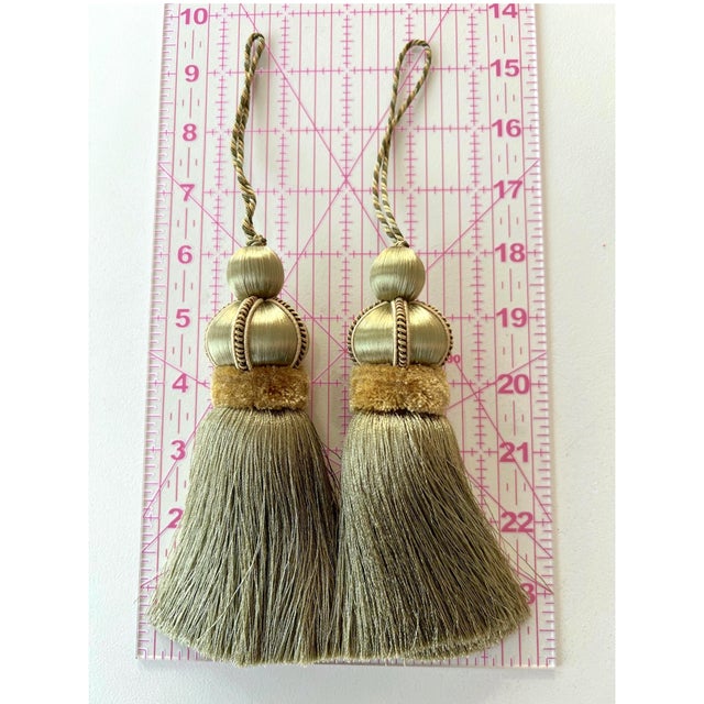 Textile Olive Green Key Tassels With Velvet & Satin Details - A Pair For Sale - Image 7 of 10