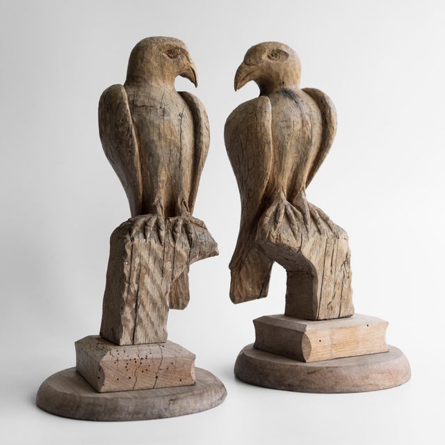 Pair of Antique French Folk Art Carved Oak Falcon Figures, Wooden Bird Sculpture For Sale - Image 6 of 14