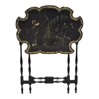 19th Century Victorian Black Ebonized Bird Painted Folding Side Table Mother of Pearl Inlay For Sale
