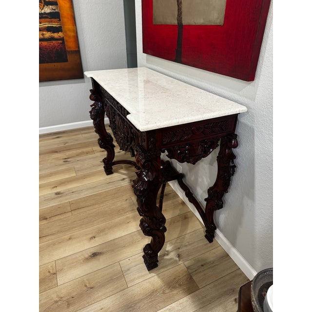 1990s Victorian Hand Carved Wood and Limestone Console Table For Sale - Image 11 of 12