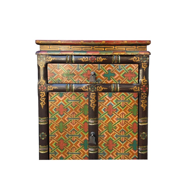 Goldenrod Tibetan Style Geometric Graphic Brown Golden Yellow End Table Nightstand For Sale - Image 8 of 10